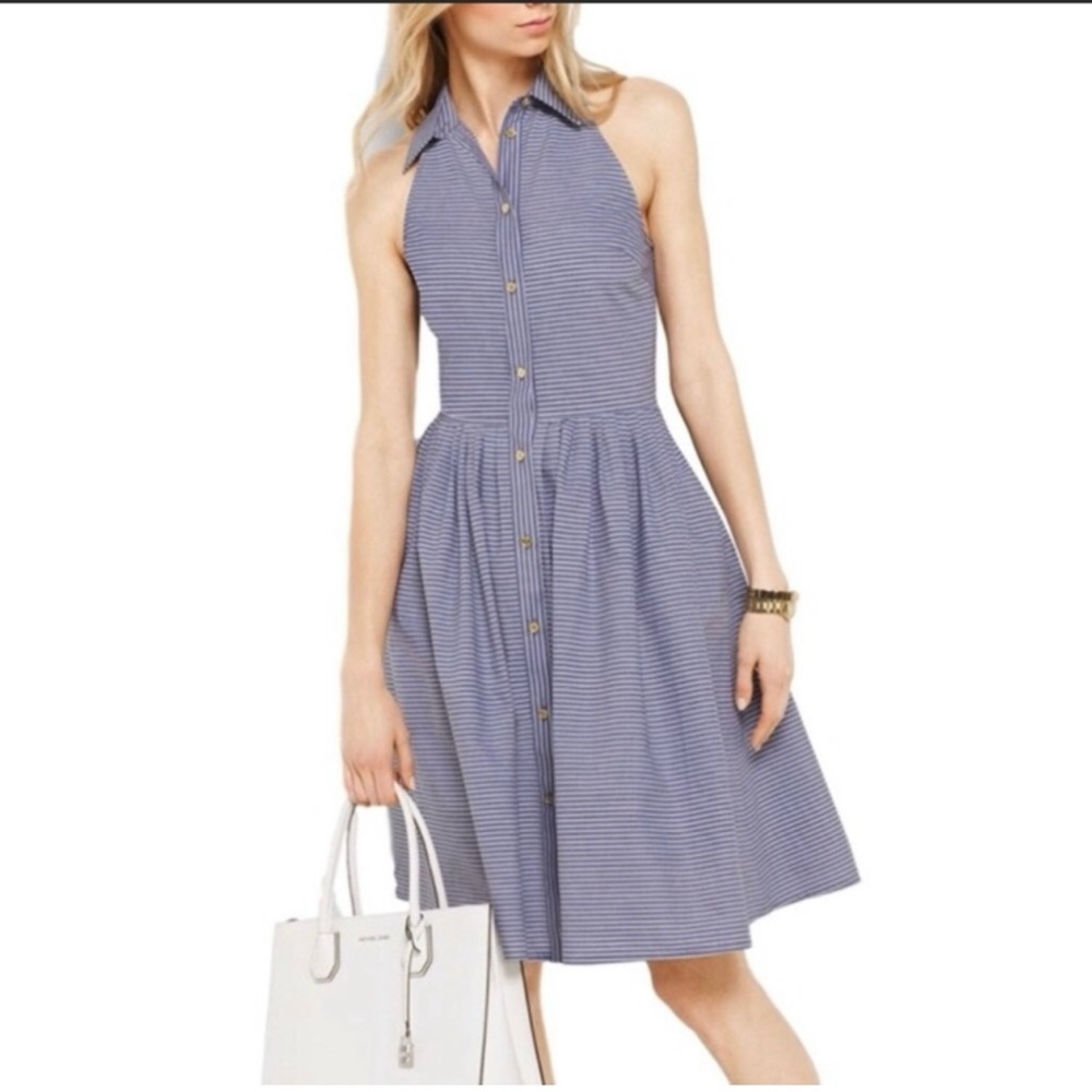 Michael Kors Size 0 XS classic striped belted blue and white dress with pockets